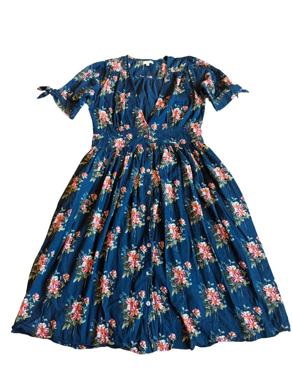 Pink Chicken Floral Print Midi Dress Navy Short Sleeve A-Line Cottagecore Medium